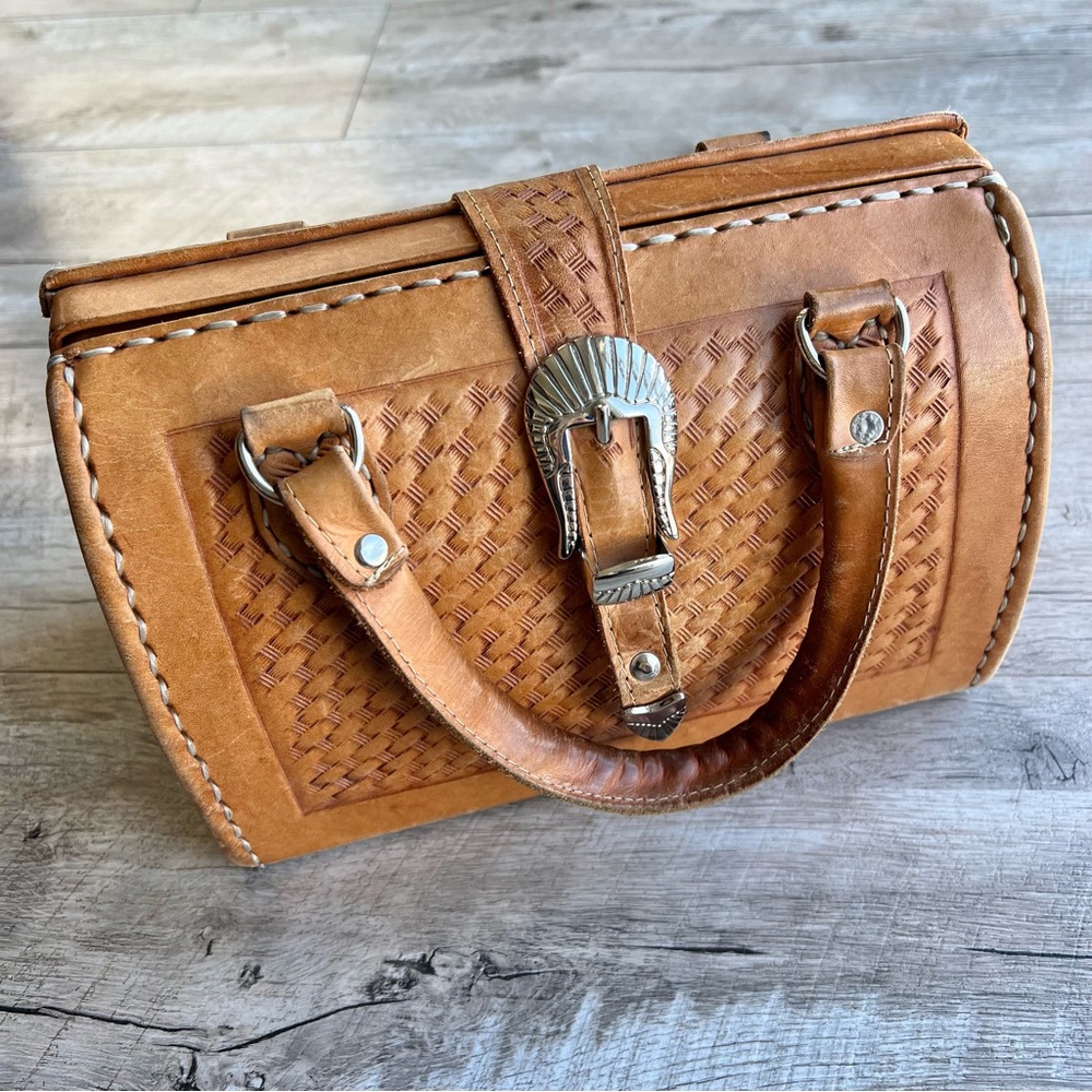 Vintage Leather Handmade Tooled Buckle Shoulder Hand Bag